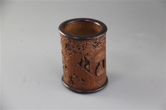 A Chinese bamboo and hongmu mounted brush pot, Qing dynasty, total height 14cm